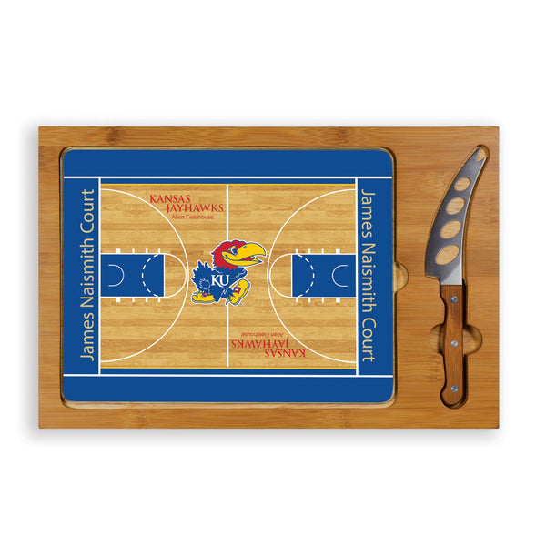 BASKETBALL COURT - KANSAS JAYHAWKS - ICON GLASS TOP CUTTING BOARD & KNIFE SET