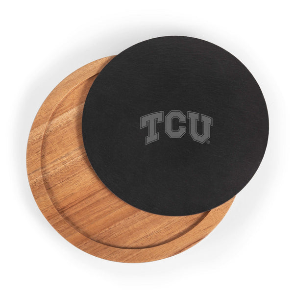 TCU HORNED FROGS - INSIGNIA ACACIA AND SLATE SERVING BOARD WITH CHEESE TOOLS